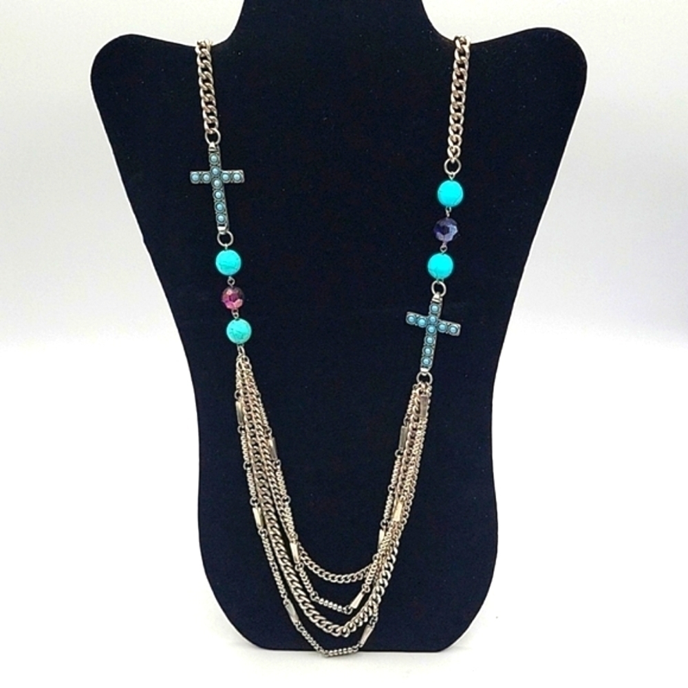 Vintage Long Silver Tone Necklace Cross Turquise Beads Multistrand